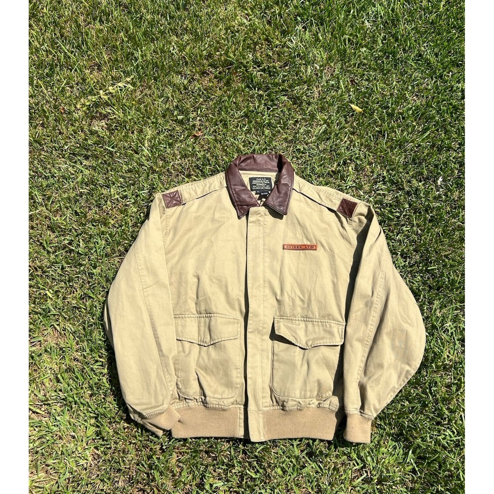 Avirex Type A-2 Flight Jacket Mens XL Tan Khaki Cotton Twill Leather Trim VTG